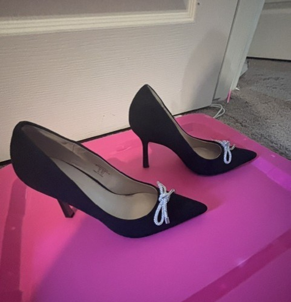 Women's Black The Drop Shoes Heel, Silver Bow, SZ 9.5